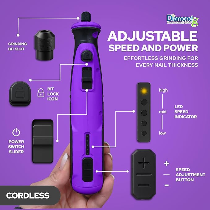 Diamondg Cordless Dog Nail Grinder with Quiet Sound & LED Tip for Large & Small Dogs, 4hrs. Runtime - Electric Dog Nail Trimmer, Heavy Duty Rotary Tool Alternative to Toenail Clippers & Filers