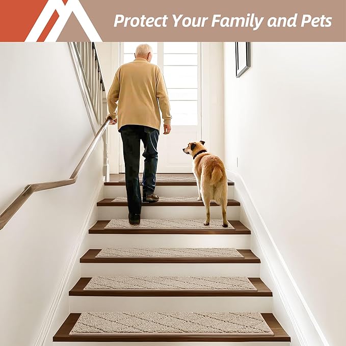 COSY HOMEER Edging Stair Treads Non-Slip Carpet Mat 28inX9in Indoor Stair Runners for Wooden Steps, Edging Stair Rugs for Kids and Dogs, 100% Polyester TPE Backing (10pc, Beige)