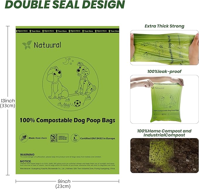 Certified Compostable Dog Poop Bags-270Bags 18Rolls, Poop Bags for Dogs Made of Cornstarch - ASTM D6400 By USA, Leakproof Easy Open, Unscented Dog Waste Bags (Green)