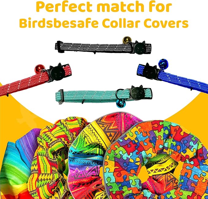 BirdsBeSafe® Break Away Cat Collar with Bell, Reflective Thread for Night Visibility, Comfortable Elastic Stretch Cat Collar to Protect Cat from Getting Stuck in The Garden.