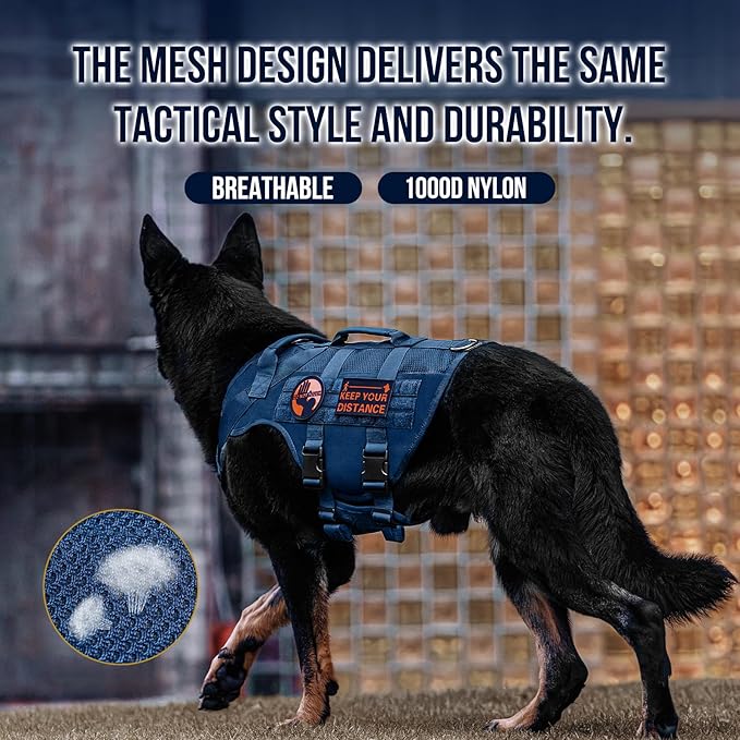 OneTigris No Pull Tactical Dog Harness for Small Medium Dogs, Mesh Design Service Dog Vest Breathable Military Dogs Molle Vests with Handles, Harness for Walking Hiking Training (Blue, M)