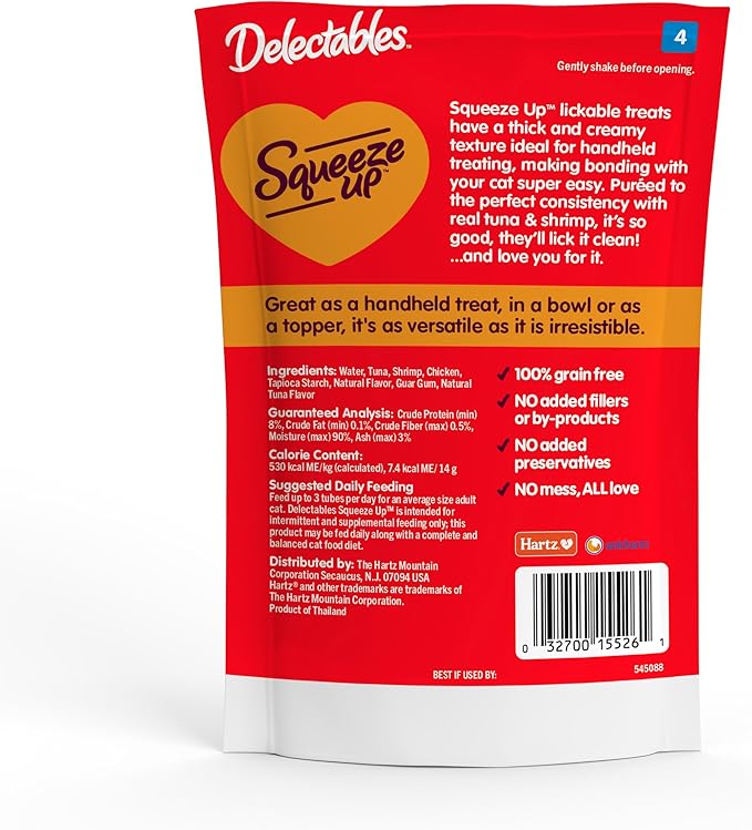 Delectables Squeeze Up Creamy Squeezable Puree, Lickable Wet Cat Treats, Grain Free, No Added Fillers, No By-Products, No Added Preservatives, 0.5 Ounces Tuna & Shrimp, 32 Tubes Total