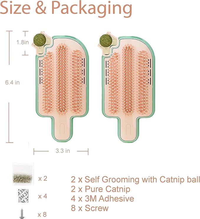 Catnip Toys for Indoor Cats 2 Pack, Stick on Wall Cat Brush with Catnip Ball Toys, 2 in 1 Massage & Self Groomer, Corner Brush