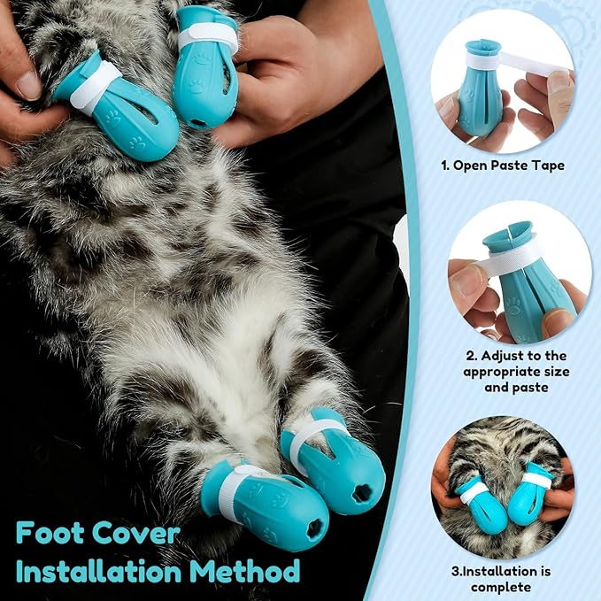 Cat Muzzle, Cat Mouth Cover for Grooming with 4 Silicone Paw Shoes, Cat Anti Bite Helmet, Silicone Claw Covers, Cat Breathable Hood for Cats Bathing Shaving Nail Trimming (Large)