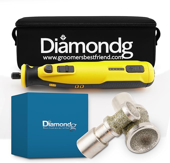 Diamondg Cordless Dog Nail Grinder with Quiet Sound & LED Tip for Large & Small Dogs, 4hrs. Runtime, 2 Bits Included, Yellow