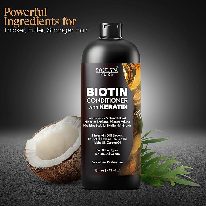 Biotin Conditioner with Keratin - Intense Repair & Strength Boost Formula - Nourishes Scalp for Healthy Hair Growth, with Tea Tree Oil & DHT Blockers, for Men & Women, 16 fl oz - SOULSPA PURE