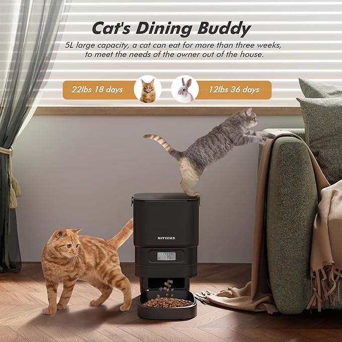 Automatic Cat Feeder - Nityers 4L Timed Cat Dry Food Dispenser, Programmable Portion Size,1-6 Meals Per Day, Dual Power Supply, Detachable Washable, Auto Pet Feeder for Cats and Small Dogs