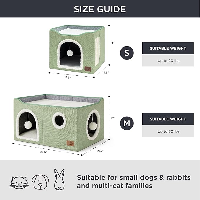 Bedsure Large Cat Beds for Indoor Cats - Extra Wide Cat Cube House for Small Pet with Fluffy Ball Hanging and Scratch Pad, Foldable Pet Cave Hideaway for Multiple Cats, 23.6x16.9x13 inches, Green