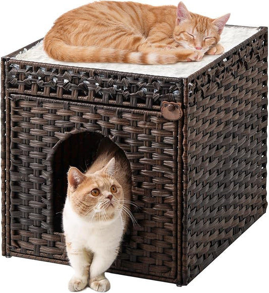 Cat Beds for Indoor Cats Extra Large Double Cat Cave Pet Cube, Handwoven Rattan Cat Houses with Double-Sided Soft Cushions, 18.5 x 20.5 x 19.1 Inches Foldable Hideaway in Living Room Brown