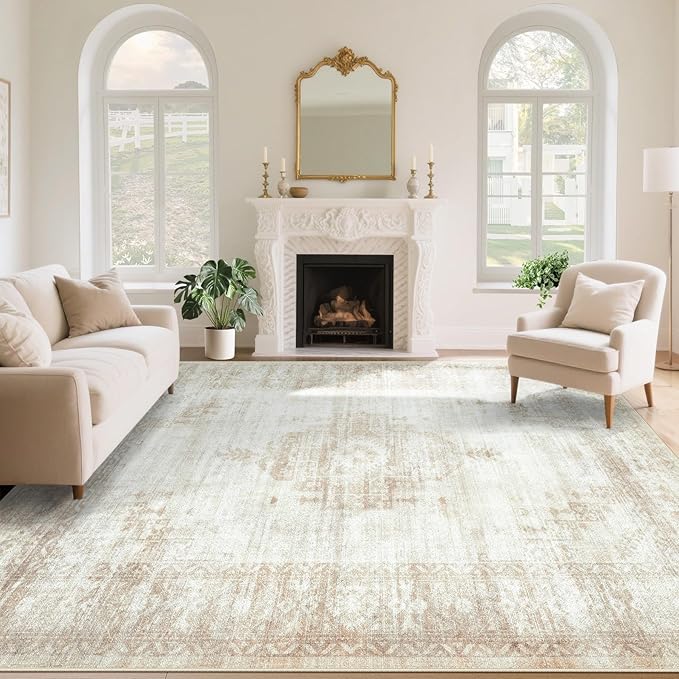 Vintage Living Room Area Rug - 8x10 Large Machine Washable Boho Moroccan Distressed Farmhouse Rugs for Bedroom - Soft Non-Slip Indoor Floor Accent Rugs for Office Dining Room (Beige, 8'x10')