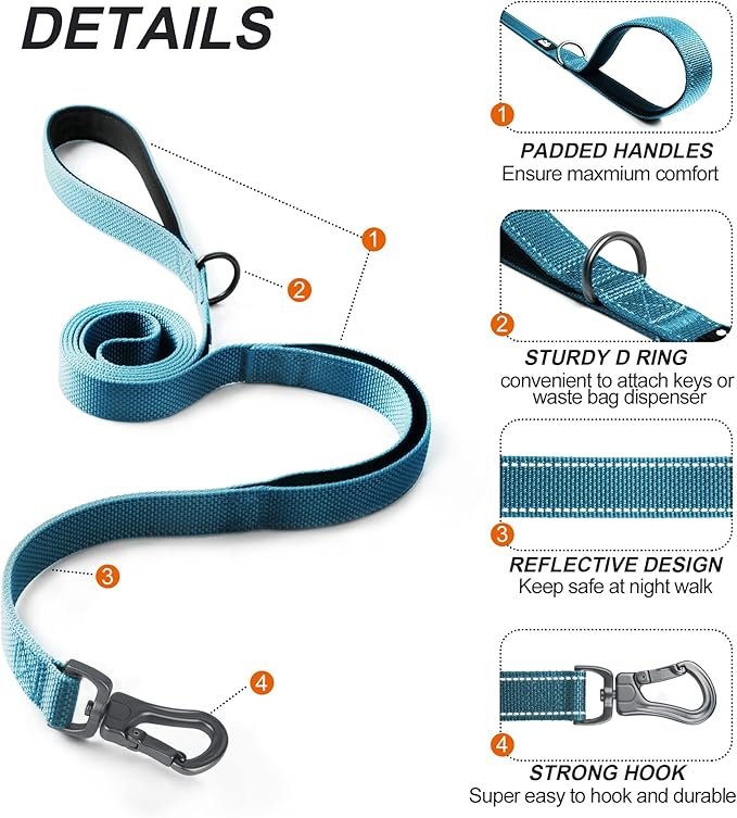 TwoEar 4FT 1IN Strong Blue Dog Leash with 2 Padded Handles, Traffic Handle Extra Control, Comfortable Soft Dual Handle, Auto Lock Hook, Reflective Walking Lead for Small Medium and Large Dogs
