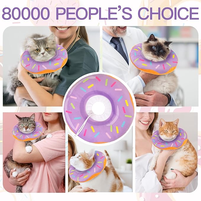 Cat Cone Collar Soft, Cute Cat Donut Collar After Surgery, Adjustable Kitten Recovery Cones to Stop Licking, Lightweight Neck Elizabethan Collars for Cats Kittens (Purple, Large)
