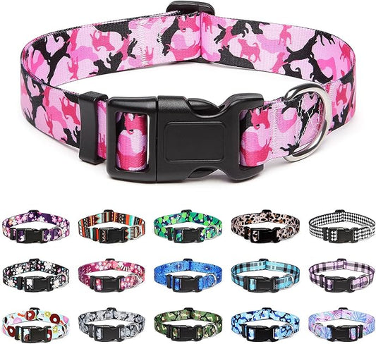 Mercano Adjustable Dog Collar - Special Design Patterns, Soft Nylon Comfortable Durable Pet Collar for Small Medium Large Dogs (S, Dog Camouflage Pink)