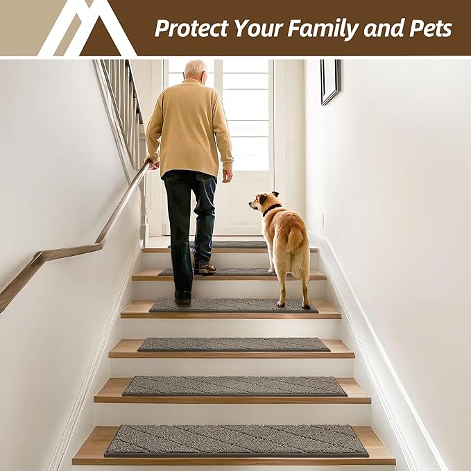 COSY HOMEER Stair Treads for Wooden Steps 9"x28" Washable Indoor Carpet Stair Treads Non Slip Soft Polyester Stair Carpet Tread Reusable Stair Runner Rugs for Kids, Elders,Pets,Light Brown,7pcs