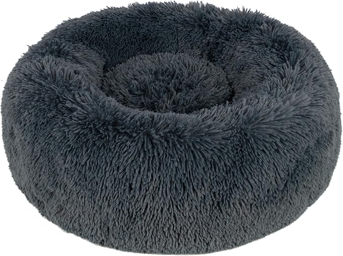 Best Pet Supplies Round Donut Dog Bed with Plush Faux Fur Fabric, Calming, Anti-Anxiety Cushion for Indoor Pets, Slip-Resistant Base, Soft Ergonomic Support - Gray, 24x24x7''