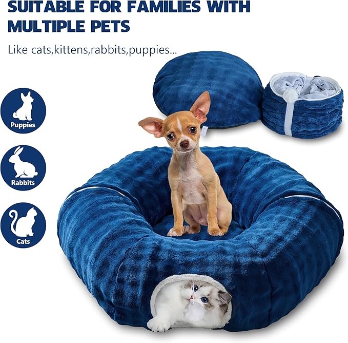 Bubble Cat Tunnel for Indoor Cats, Round Peekaboo Cave Toy with Dangling Balls, Donut Tunnel Bed with Circle Mat for Puppy Kitten Rabbit, Navy Blue
