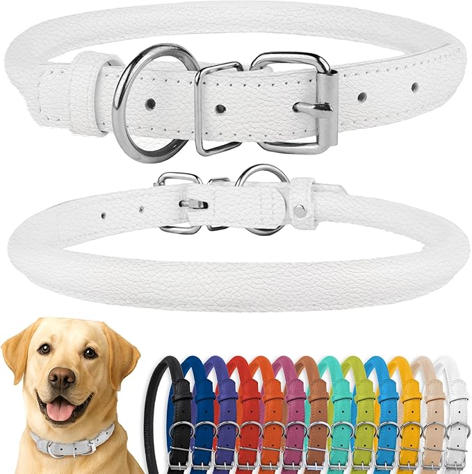 CollarDirect Rolled Leather Dog Collar, Soft Padded Round Puppy Collar, Handmade Genuine Leather Collar Dog Small Large Cat Collars 13 Colors (18-22 Inch, White Textured)