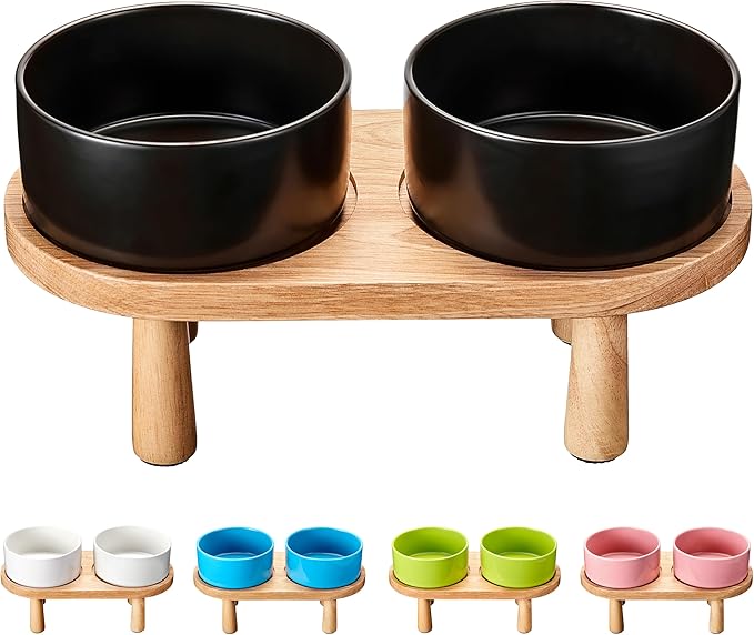 Ceramic Elevated Dog Bowls, Pet Food and Water Bowl Set for Large Dogs, 7.5 Cups Dog Bowls Raised with Wood Stand, 61OZ, Black