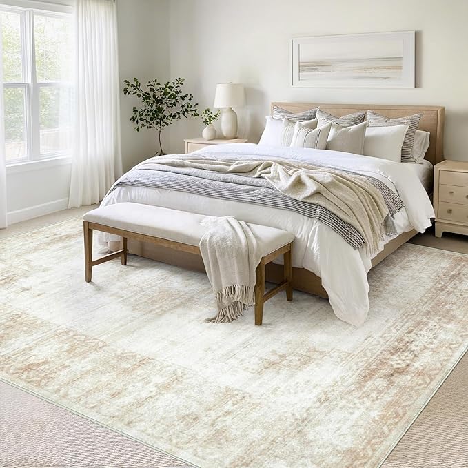 Vintage Living Room Area Rug - 8x10 Large Machine Washable Boho Moroccan Distressed Farmhouse Rugs for Bedroom - Soft Non-Slip Indoor Floor Accent Rugs for Office Dining Room (Beige, 8'x10')