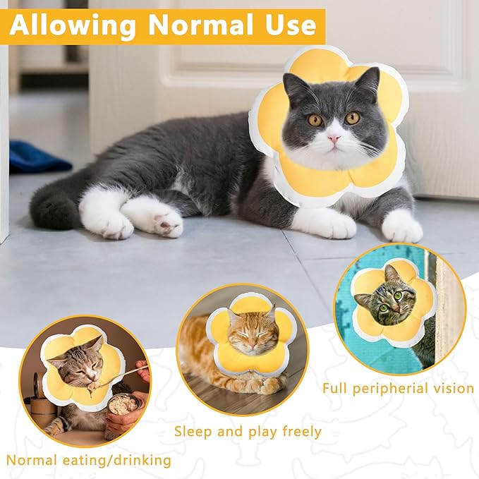 Cat Cone Collar Soft, Waterproof Cats Cones to Stop Licking After Surgery, Adjustable Soft Elizabeth Cats Collars for Wound Healing, Flower Shape Cat Recovery Collar (Yellow, Large)