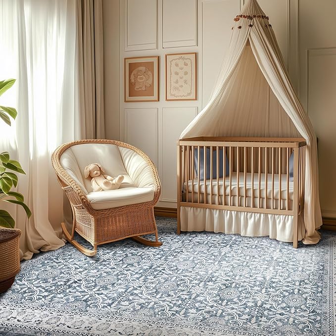 jinchan Floral Area Rugs 4x6 - Machine Washable Vintage Distressed Boho Design Throw Rug Stain Resistant Carpet Low Pile Ultra-Thin Non-Slip for Bedroom Living Room Dining Room Kitchen (4‘x6', Grey)