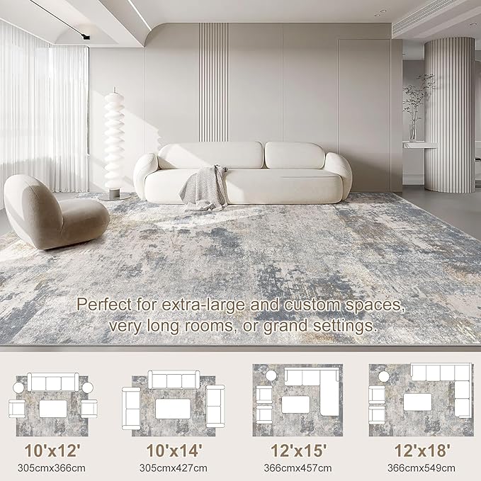 10x12 Area Rug Living Room Rugs - Washable Neutral Modern Abstract Soft Thin Large Rug Indoor Floor No Slip Rug Carpet for Bedroom Under Dining Table Home Office Decor - Blue Grey