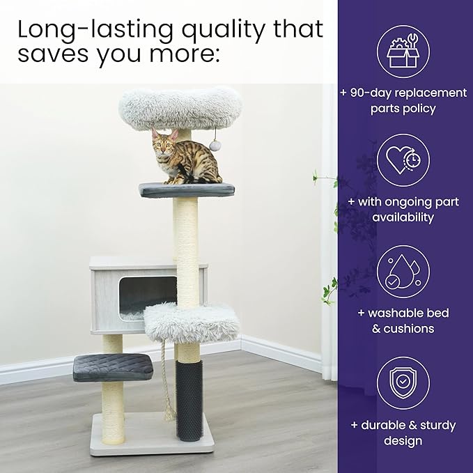 Catry Kasio 6 Level 54" High Modern Cat Tree with Laminated Wood Condo,Replaceable Scratching Posts,Removeable Washable Beds, Self Grooming Brush and Toys.(Light Gray)