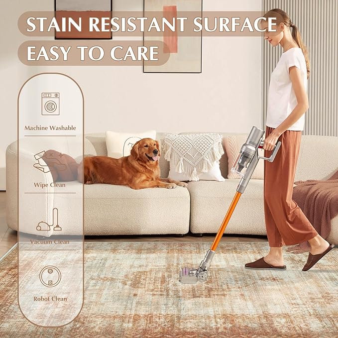 Vintage Living Room Area Rug - 6x9 Large Machine Washable Boho Moroccan Rug Distressed Farmhouse Rugs for Bedroom - Soft Non-Slip Indoor Carpet for Dining Room Office Nursery (Brown, 6'x9')