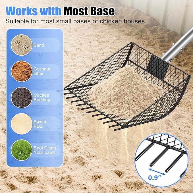 CAROD Chicken Poop Scooper & Rake 2-in-1, Metal Chicken Coop Scoop for Poop with 24 to 68" Adjustable Stainless Steel Handle, Litter Scooper Sand Sifting Shovel Chicken Coops/Animals House