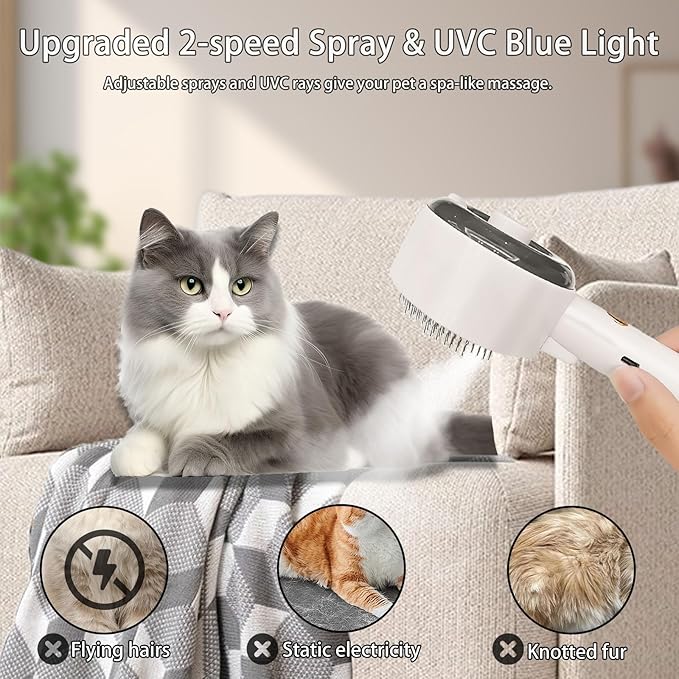 Cat Steam Brush For Shedding, Steamy Dog Grooming Brush With 2-Speed Spray, Blue Light And Release Button, Rechargeable Water Pet Hair Brushes Wet Self Cleaning Cat Spa Brush Cat Comb (White)