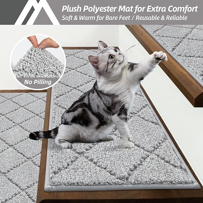 COSY HOMEER Edging Stair Treads Non-Slip Carpet Mat 28inX9in Indoor Stair Runners for Wooden Steps, Edging Stair Rugs for Kids and Dogs, 100% Polyester TPE Backing (15pc, Grey)