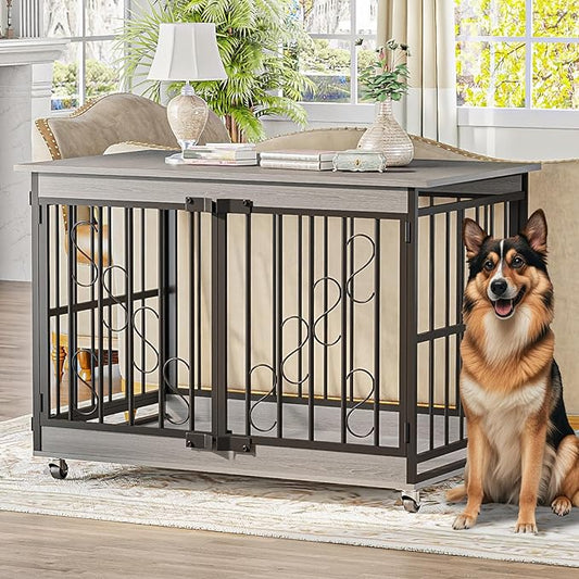 COZPAW Dog Crate Furniture, 48 Inch Dog Crates for Medium/Large Dogs, Farmhouse Wood Dog Kennel Indoor Heavy Duty Dog Cage with Caster Wheels (Gray)