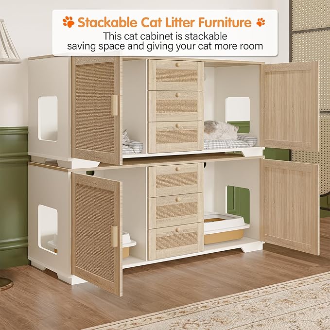 Cat Litter Box Enclosure Furniture Hidden Indoor 2-in-1 Wooden Cat & Washroom Cabinet with Scratching Board Doors and 3 Drawer for 2 Cats, 55"x20"x24"H