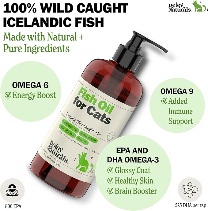 Deley Naturals Wild Caught Fish Oil for Cats with 2X Omega - Cat Fish Oil with Highest EPA & DHA Potency - Omega 3 for Cats for Shedding, Skin, Coat, Joints, Heart and Immune System - Made in The USA