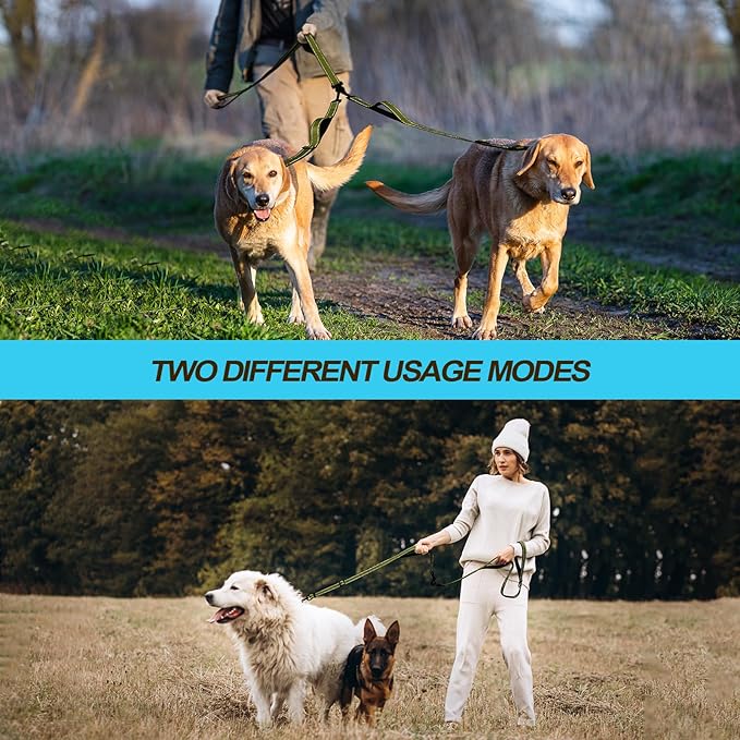 PetBonus Double Dog Leash, No Tangle Dual Leash, Reflective Walking Training Lead, 4 Comfortable Padded Handles for 2 Dogs with Collapsible Bowl and Waste Bags (Army Green, Large)