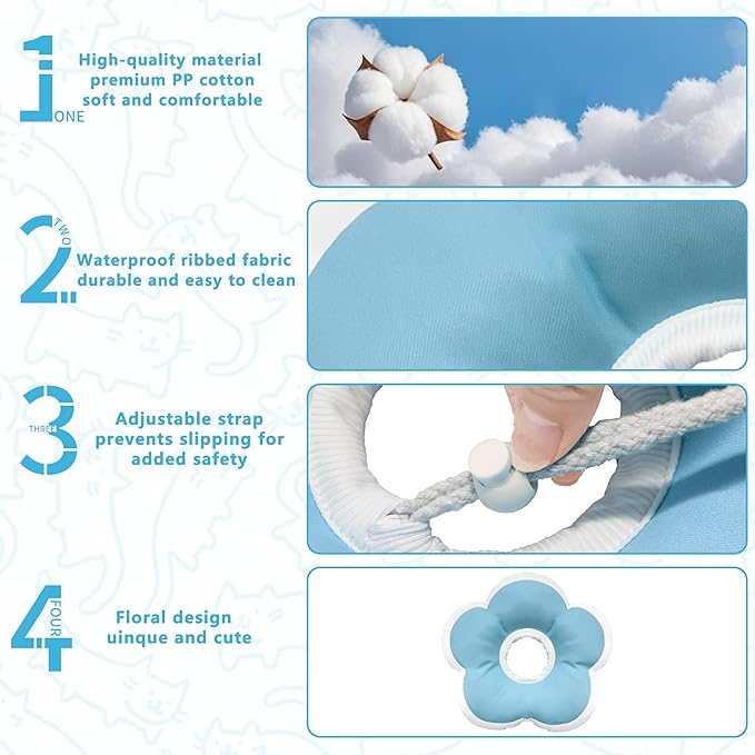 Cat Cone Collar Soft, Waterproof Cats Cones to Stop Licking After Surgery, Adjustable Soft Elizabeth Cats Collars for Wound Healing, Flower Shape Cat Recovery Collar (Blue, Large)