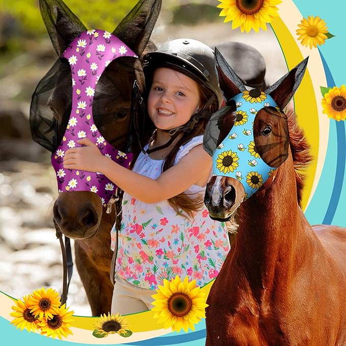 Chunful 6 Pcs Horse Fly Masks for Horses with Ears Smooth and Comfortable Fly Masks Cashel Fly Mask Elasticity Horse Face Mask Horse Masks Covering for Horses Riding Supplies(Large, Floral)