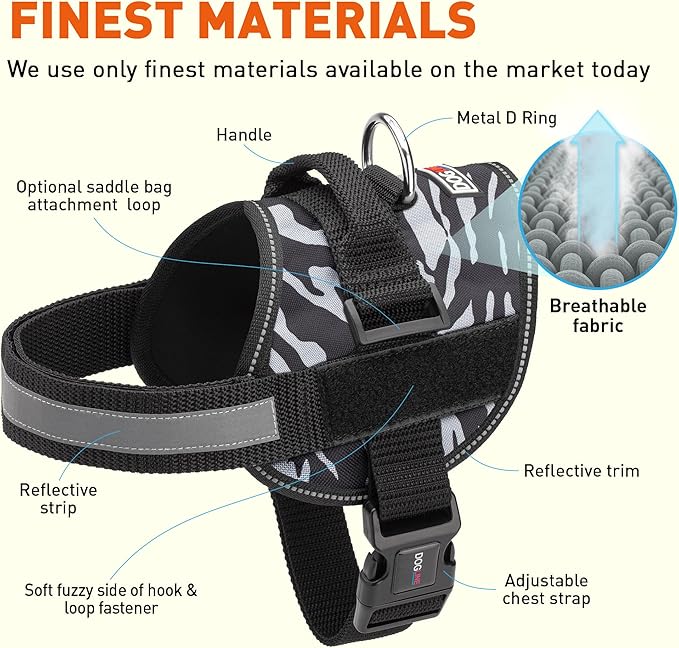 Dogline Dog Harness, Reflective No-Pull Adjustable Vest with Handle for Walking, Training, Breathable, No - Choke Harness for Small, Medium or Large Dogs Room for Patches Zebra Black/White XS 15"-18"