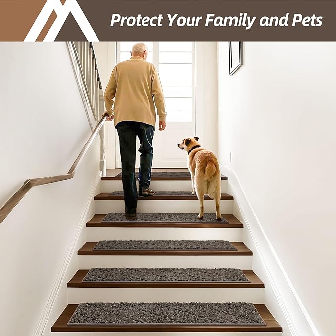 COSY HOMEER Edging Stair Treads Non-Slip Carpet Mat 28inX9in Indoor Stair Runners for Wooden Steps, Edging Stair Rugs for Kids and Dogs, 100% Polyester TPE Backing (10pc, Brown)