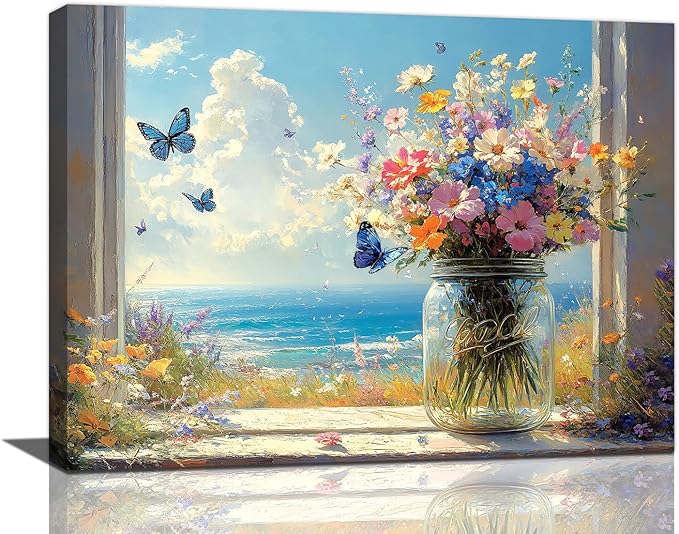 Beach Floral Bathroom Pictures Wall Art, Colorful Flower Bathroom Wall Decor, Coastal Ocean Framed Painting Canvas Artwork for Bedroom Living Room Decorations 20"L x 16"W