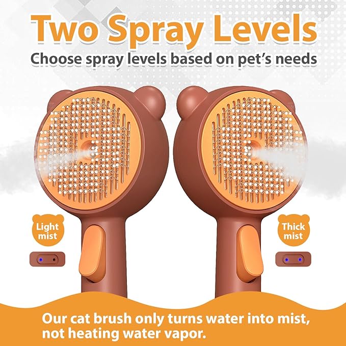 Cat Steam Brush with 2 Spray Levels & Release Button, 4-in-1 IPX7 Waterproof Water Brush for Shedding Grooming, Pet Hair Removal Comb for Long Short Haired Cats Dogs, Self Cleaning Slicker