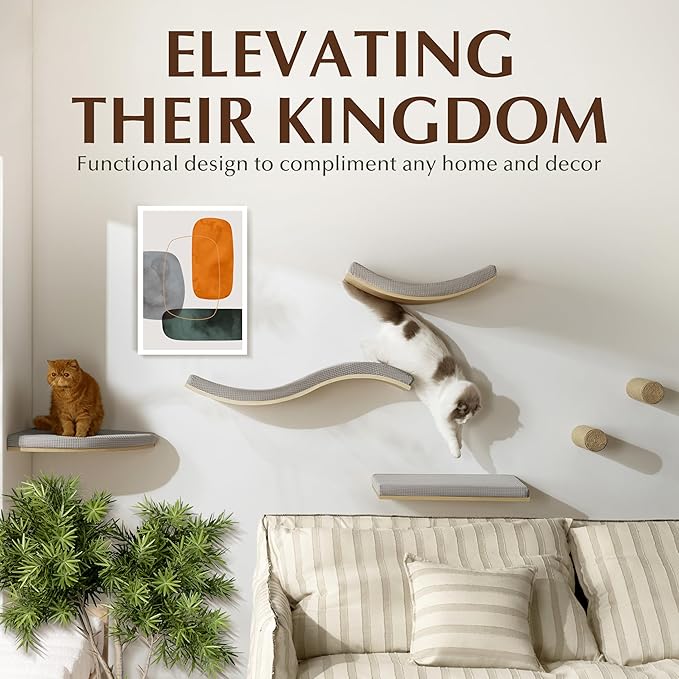 Extra Large 23.6”×14.6” CALLICO HAVEN- Stylish Cat Wall Shelves with Curved Design, Modern Wall-Mounted Cat Tree Hammock with Soft Cushion, Sturdy/Hidden Mounts, Washable Cover, Sleek Design -C Shape