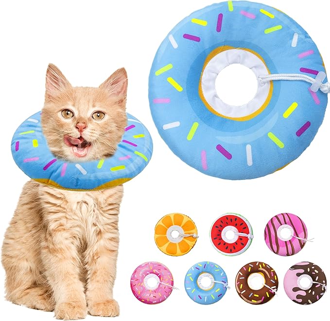 Cat Cone Collar Soft, Adjustable Cat Recovery Collar Spay Cones to Stop Licking, Cute Donut E Collar After Surgery, Anti-Lick Wound Healing Elizabethan Collars for Kittens(Donut Blue, Small)