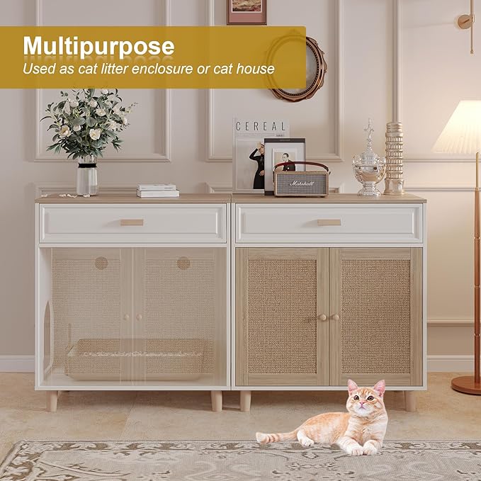 Cat Litter Box Enclosure Furniture Hidden Indoor 2-in-1 Wooden Cat House & Washroom Cabinet with Scratching Board Doors and Drawer, 31.5"x15.7"x34.6"H