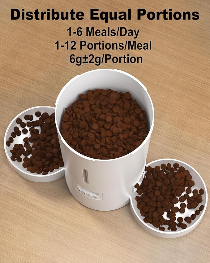 Automatic Dual Cats Feeder for 2 Cats,6 Meals/Day,12 Portions/Meal,Dual Power Auto Pet Feeder Dry Food Dispenser,Flexible Schedule Timer 10S Voice Record (White, ABS Dual Bowls)