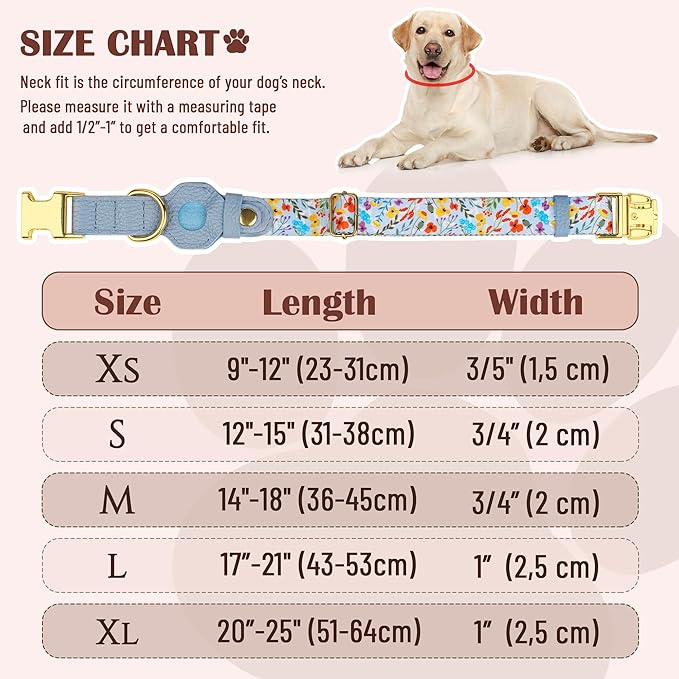 AirTag Dog Collar for Small Medium Large Breed - Adjustable Cute Pattern Dog Collar with Airtag Holder - Soft Leather Tracker GPS Apple Air Tag Pet Collars (Small, 12"-15" Neck Fit, Floral)