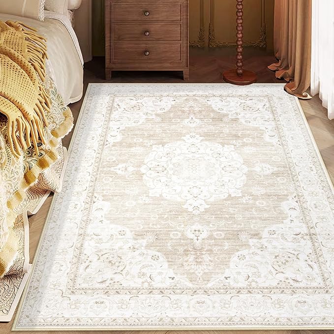 Area Rug 3x5 Entryway Rugs - Machine Washable Vintage Boho Area Rug Non-Slip Kitchen Rugs Soft Stain Resistant Indoor Door Mat, Small Oriental Throw Rug for Entrance Bedroom (Boho Beige, 3'x5')