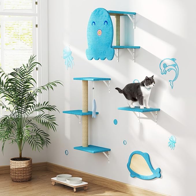 COZIWOW 4-Piece Wall-Mounted Cat Tree Set – Sturdy Wood Pet House, Scratching Board, Platforms, Sisal Posts & Blue Fish Charm – Ocean Blue