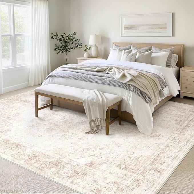 Vintage Living Room Area Rug - 9x12 Large Machine Washable Boho Moroccan Rug Distressed Farmhouse Rugs for Bedroom - Soft Non-Slip Indoor Carpet for Dining Room Office Nursery(Retro Beige, 9'x12')