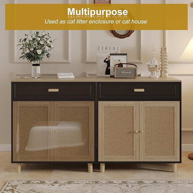 Cat Litter Box Enclosure Furniture Hidden - Indoor 2-in-1 Wooden Cat House & Washroom Cabinet with Scratching Board Doors and Drawer, 31.5”x21.6”x34.6”, Black